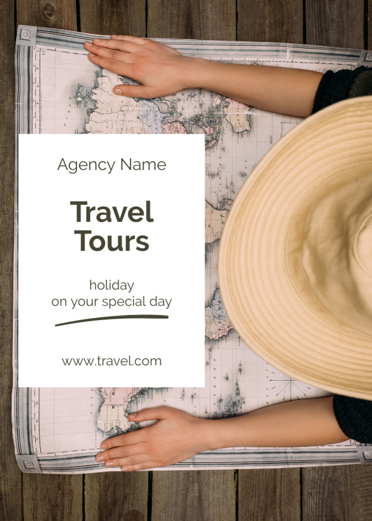 Ontwerpsjabloon van Flayer van Travel Tours Ad with Traveler and Map