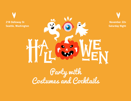 Template di design annuncio festa di halloween con zucca e fantasmi Invitation 13.9x10.7cm Horizontal