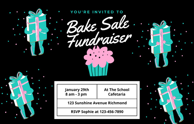 Designvorlage Bake Sale Fundraiser With Cupcake And Gifts In January für Invitation 4.6x7.2in Horizontal