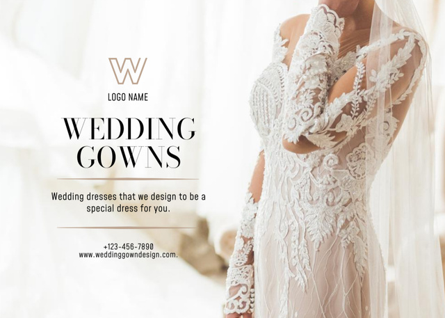 Plantilla de diseño de Wedding Gown Studio Ad with Bride in White Dress with Embroidery Postcard 5x7in 