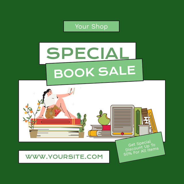Szablon projektu Special Book Sale with Cartoon Woman Reading Instagram