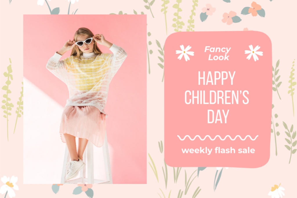 Platilla de diseño Children's Day Greeting With Sale Offer in Pink Postcard 4x6in