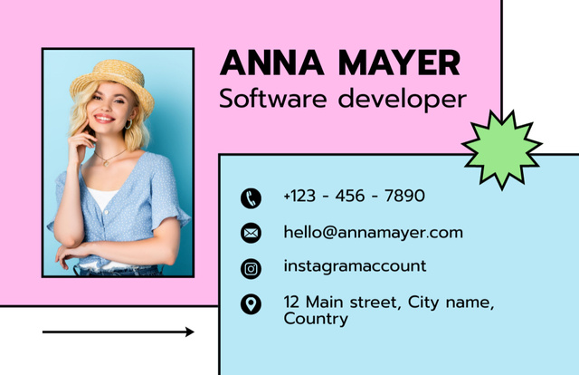 Ontwerpsjabloon van Business Card 85x55mm van Software Developer Services Promotion with Smiling Woman