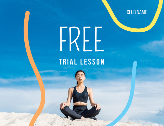 Designvorlage Special Offer of Free Trial Lesson in Yoga Club with Woman für Flyer 8.5x11in Horizontal