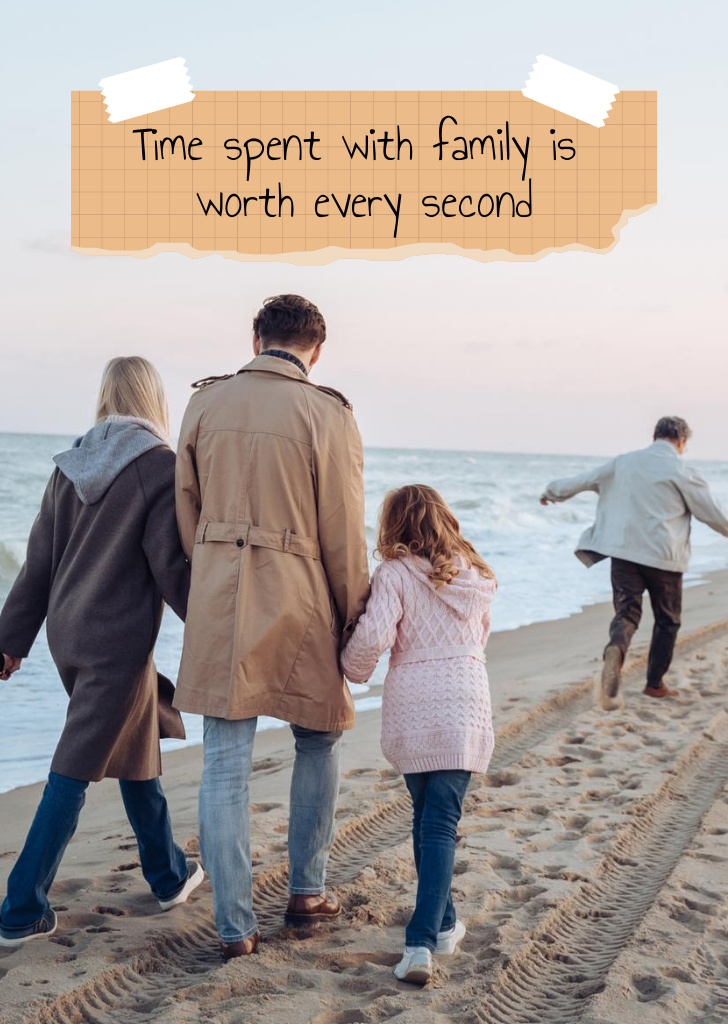 Big Family On Seacoast With Quote About Time Postcard A6 Vertical Design Template