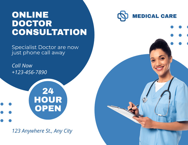 Ad of Online Doctor's Consultations on Blue Thank You Card 5.5x4in Horizontal Design Template