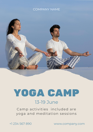 Designvorlage Mann und Frau praktizieren Meditation im Wellness-Camp für Poster 28x40in