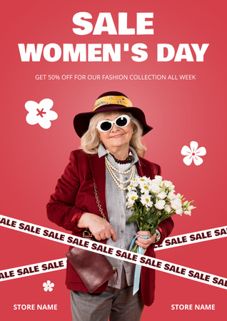 Designvorlage Glückliche ältere Frau mit Blumen am Internationalen Frauentag für Poster
