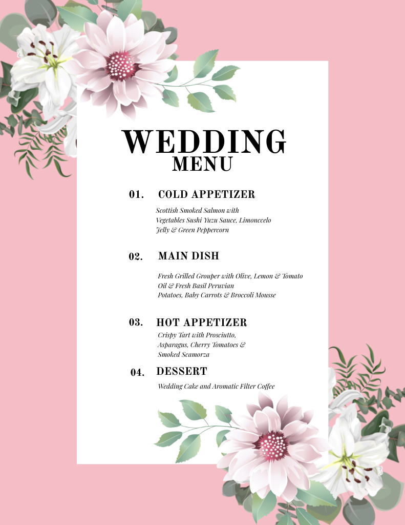 Pink Floral Wedding Appetizers List Menu 8.5x11in Modelo de Design