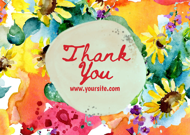 Thank You Message with Bright Watercolor Flowers Card Tasarım Şablonu