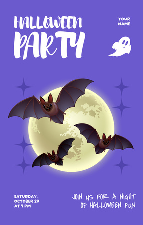 Halloween Party with Bats and Moon Invitation 4.6x7.2in Design Template