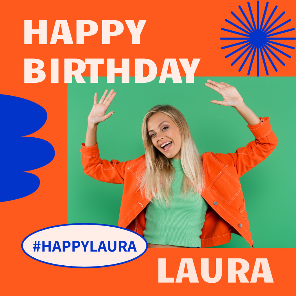 Birthday Greeting to Happy Woman on Orange Instagram Design Template