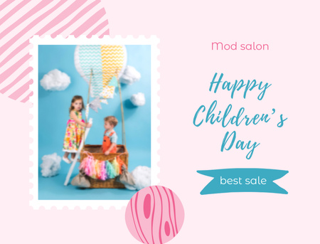 Children's Day Greeting With Kids In Balloon in Pink Postcard 4.2x5.5in Design Template