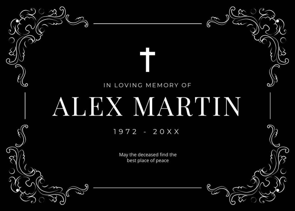 Funeral Memorial Card with Vintage Frame and Cross in Black Postcard 5x7in Design Template