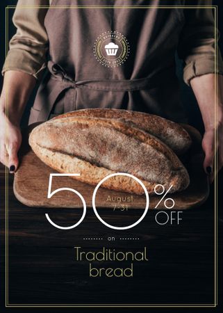 Bakery Promotion Baker Holding Fresh Loaves in Brown Flayer Design Template