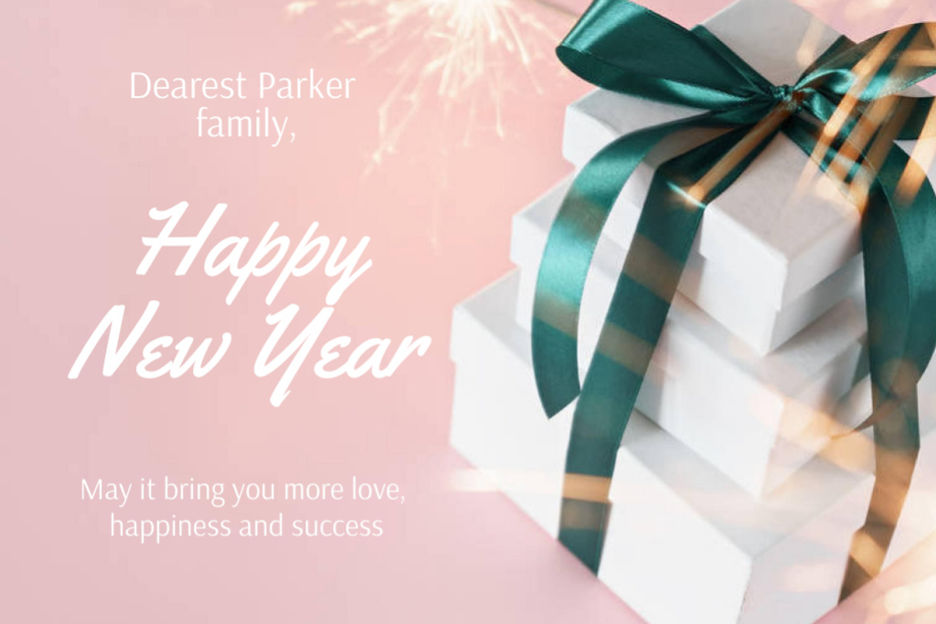 Cute New Year Greeting with Presents on Pink Postcard 4x6in Design Template