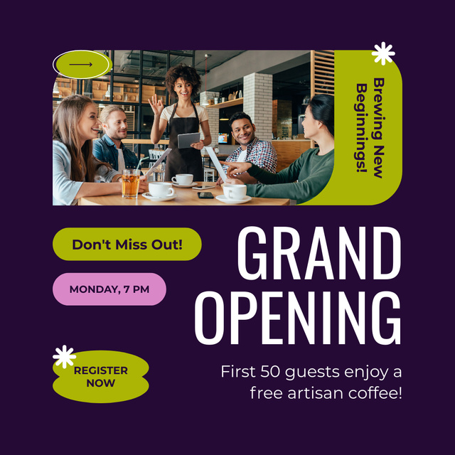 Ontwerpsjabloon van Instagram van Company of Young People at Grand Opening of Cafe