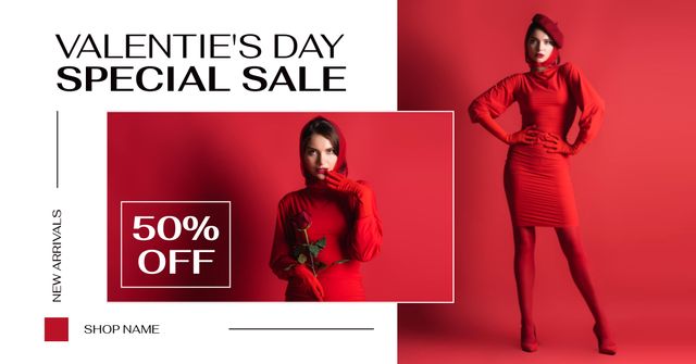 Valentine's Day Special Sale Announcement with Stylish Woman in Red Facebook AD Tasarım Şablonu