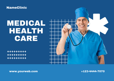 Orvosi egészségügyi szolgáltatások orvossal sztetoszkópot mutat Card tervezősablon