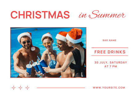 Group People in Santa Hats on Beach Drinking Drinks Postcard 5x7in Design Template