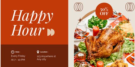 Happy Hour Ad with Tasty Fried Chicken Twitter Design Template