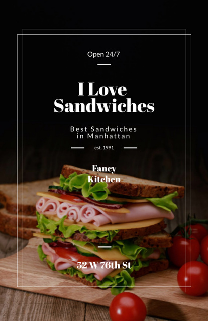 Plantilla de diseño de Restaurant Ad with Fresh Tasty Sandwiches and Tomatoes Flyer 5.5x8.5in 
