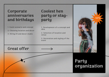 Modèle de visuel Party Organization Services Offer with Woman in Bright Outfit - Brochure