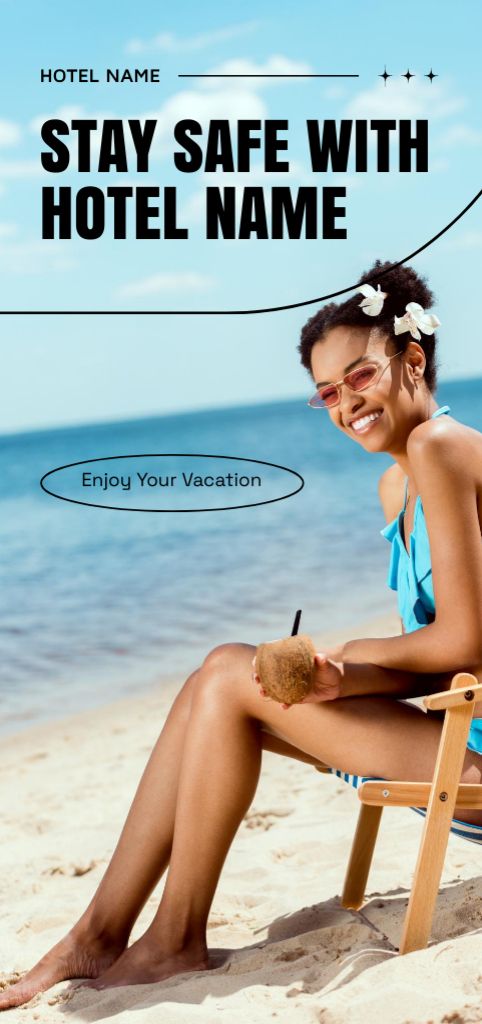 Designvorlage Beach Hotel Advertisement with Beautiful African American Woman für Flyer DIN Large