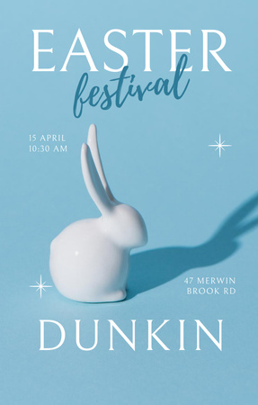 Easter Festival Announcement with White Bunny on Blue Invitation 4.6x7.2in Design Template