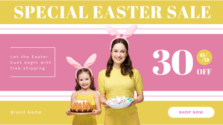 Cheerful Mother and Daughter in Bunny Ears Holding Easter Eggs FB event cover Design Template