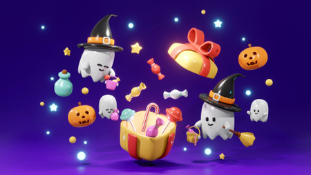 Designvorlage Schöne Geister, die an Halloween Süßigkeiten sammeln für Zoom Background