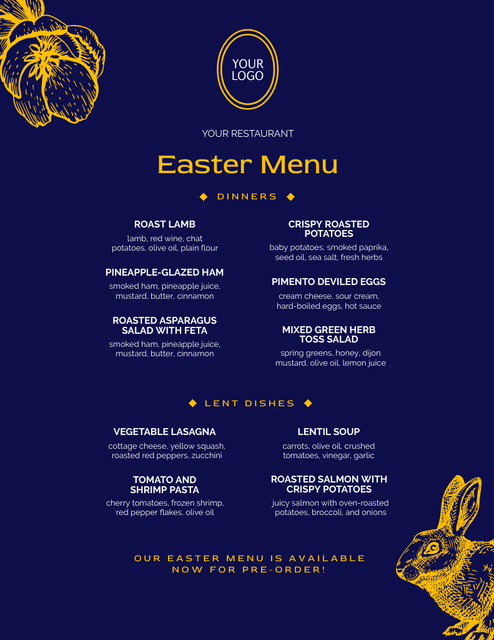 Easter Offer of Festive Dishes on Blue Menu 8.5x11in Design Template