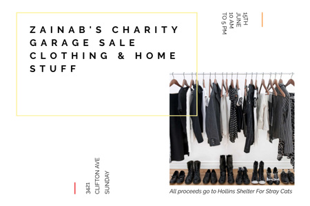 Platilla de diseño Charity Sale announcement Black Clothes on Hangers Postcard 4x6in