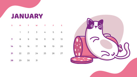 Illustration of Cute Cats with Sausages and Milk Calendar Design Template