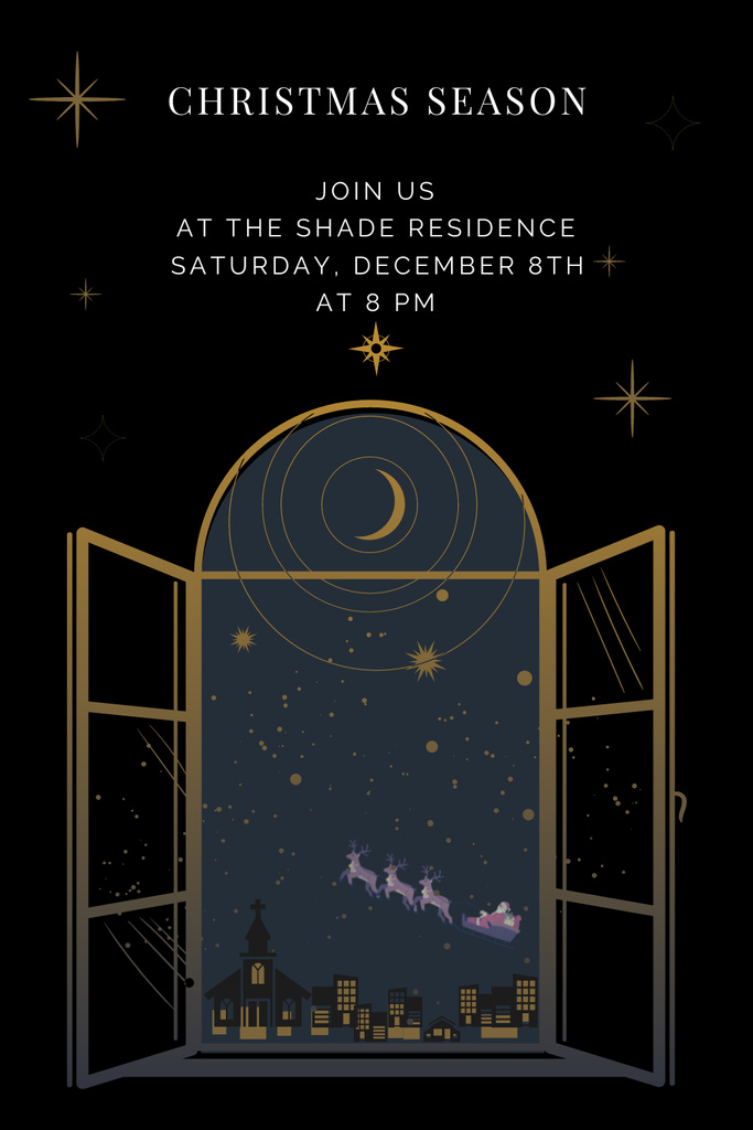 Designvorlage Jolly Christmas Party With Window And Night Cityscape für Pinterest