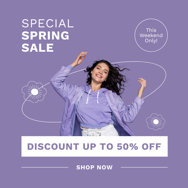 Platilla de diseño Spring Sale with Woman in Purple Instagram