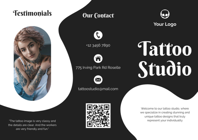 Designvorlage Tattoo Studio Promotion With Testimonials für Brochure