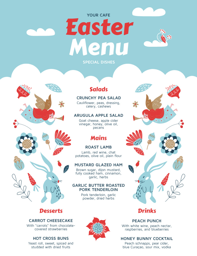 Designvorlage Festive Meals Offer with Illustration of Easter Angels and Bunnies für Menu 8.5x11in