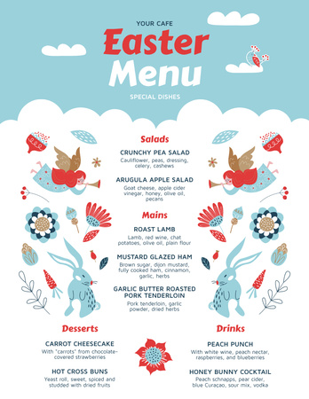 Designvorlage Festliches Essensangebot mit Illustration von Osterengeln für Menu 8.5x11in