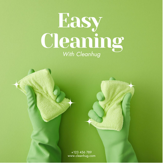 Cleaning Service Ad with Green Gloves and Rags Instagram AD tervezősablon