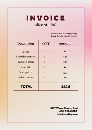 Invoice for Beauty Salon Services Invoice Modelo de Design