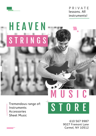 Ontwerpsjabloon van Poster van Mooie muziekwinkel met accessoires en bladmuziek