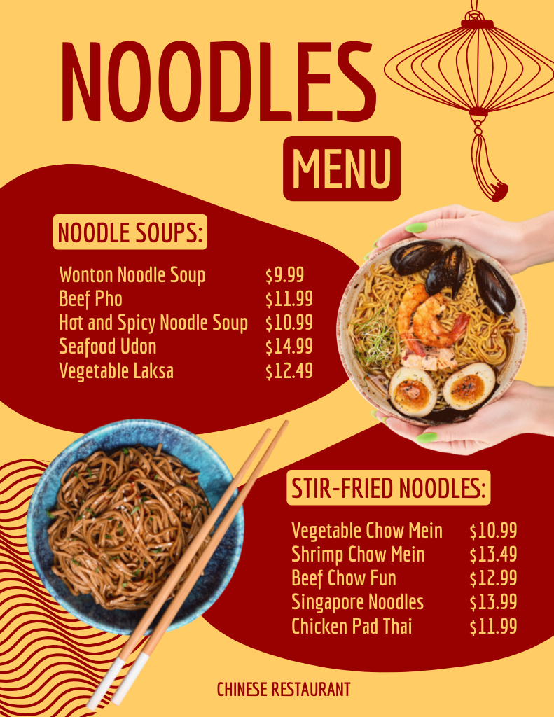 Offer Chinese Noodles on Yellow Menu 8.5x11in – шаблон для дизайна