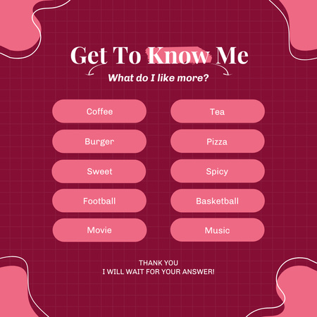 Get To Know Me Quiz on Pink Instagram Design Template