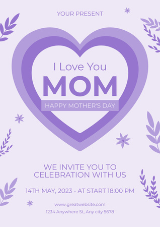 Sevimli Pembe Kalpli Anneler Günü Tebriki Poster Tasarım Şablonu