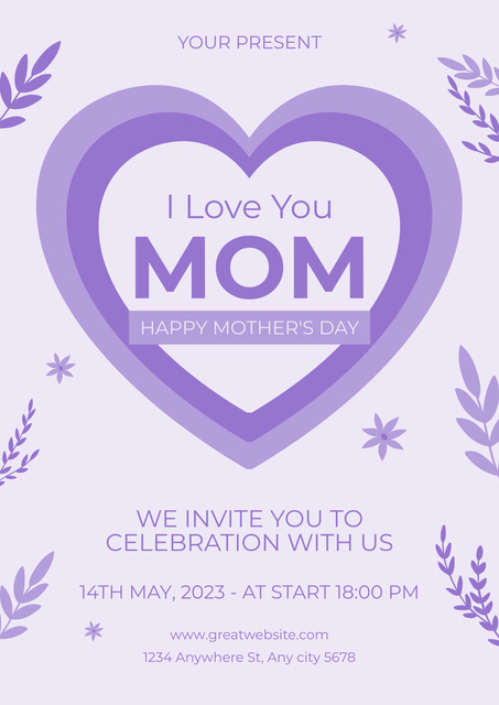 Mother's Day Greeting with Cute Pink Heart Poster Tasarım Şablonu