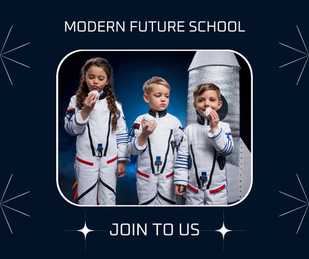 Modern Future School with Children in Astronaut Costumes Facebook Design Template