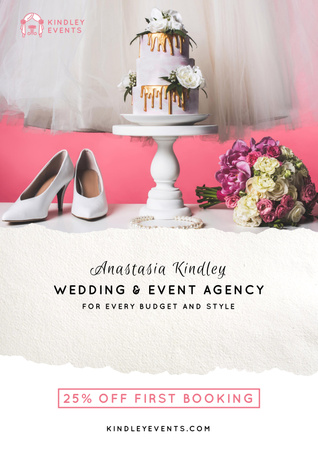 Platilla de diseño Wedding Agency Announcement with Bouquet, Cake and Shoes of Bride Poster