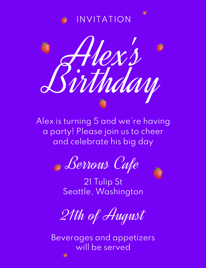 Plantilla de diseño de Birthday Party Announcement with Raspberries on Purple Invitation 13.9x10.7cm 