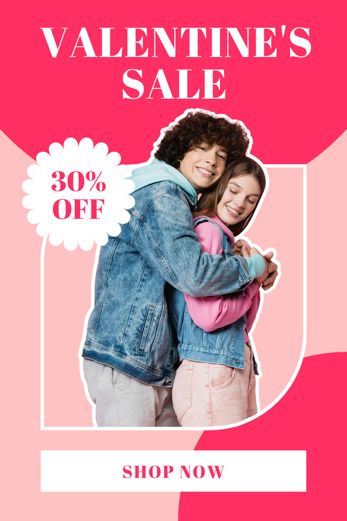 Valentine Day Discount Announcement with Couple on Pink Pinterestデザインテンプレート